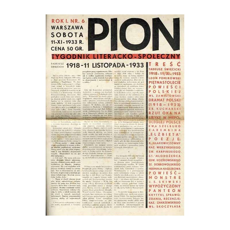 Pion. Tygodnik literacko-społeczny. R.1 (1933). Nr 6 (11 listopada 1933)