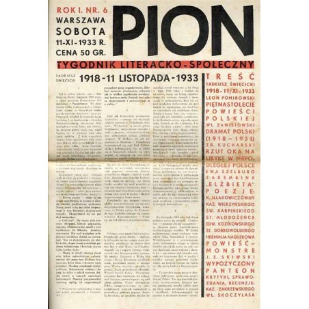 Pion. Tygodnik literacko-społeczny. R.1 (1933). Nr 6 (11 listopada 1933)