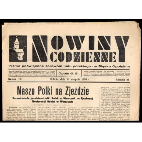 Nowiny Codzienne. Pismo poświęcone sprawom ludu polskiego na Śląsku Opolskim. R.24 (1934). Nr 180 (11 sierpnia 1934)