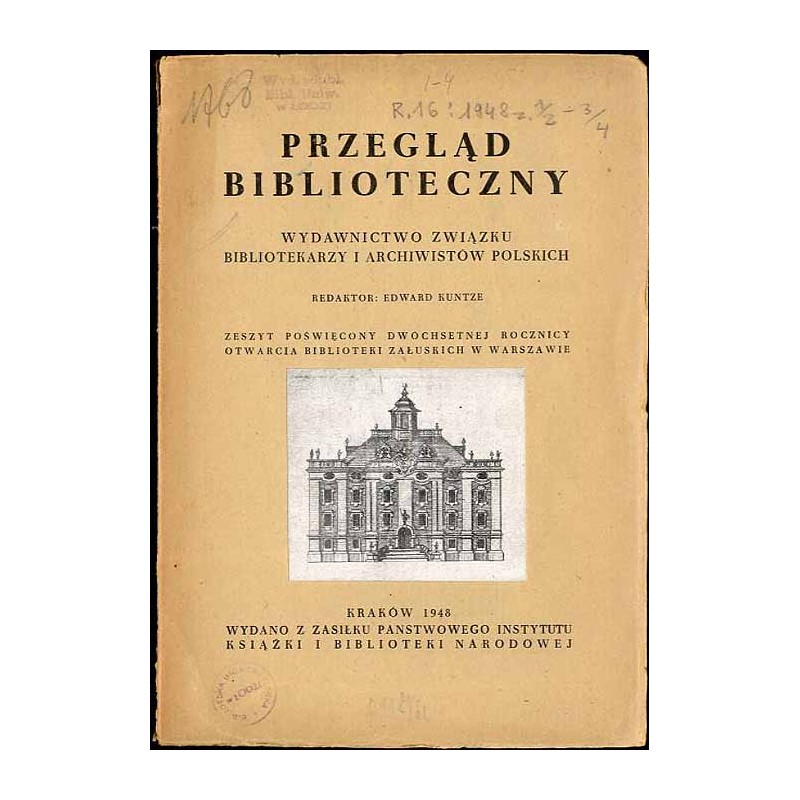 Przegląd Biblioteczny. Wydawnictwo Związku Bibliotekarzy i Archiwistów Polskich. R.16 (1948). Z. 1/2 (I-VI 1948)