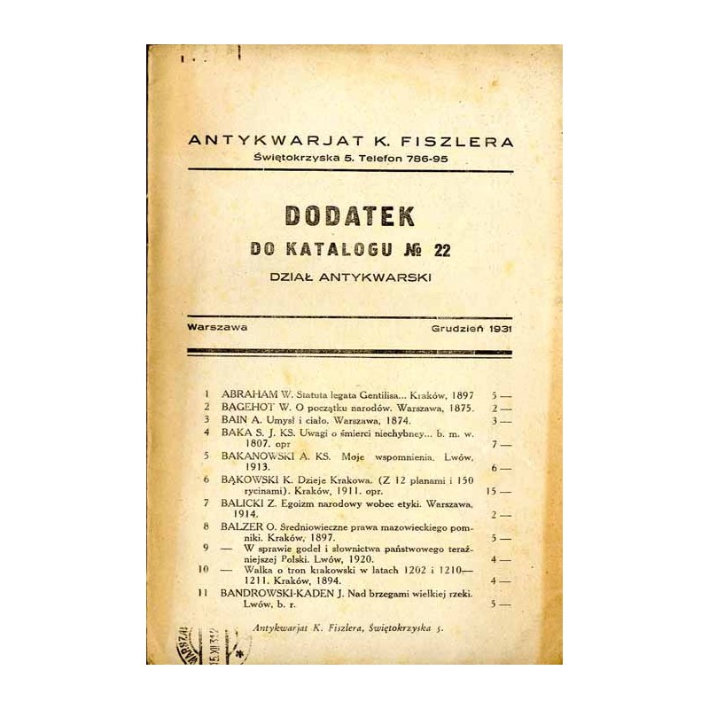 Antykwarjat K. Fiszlera, Świętokrzyska 5 [...] Dodatek do Katalogu No 22. Dział antykwarski. (Grudzień 1931)