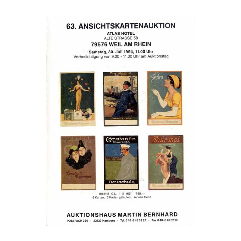 [Martin Bernhard] 63. Ansichtskartenauktion, Atlas Hotel Alte Strasse 58, 79576 Weil am Rhein, Samstag, 30. Juli 1994