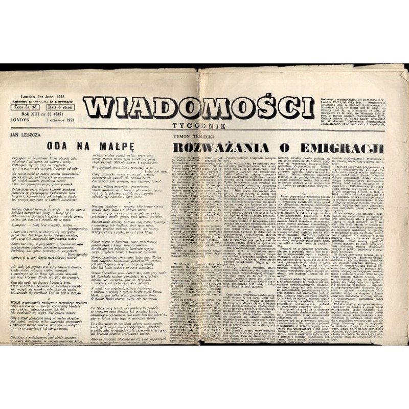 Wiadomości. Tygodnik. R.13 (1 VI 1958) nr 22 (635)