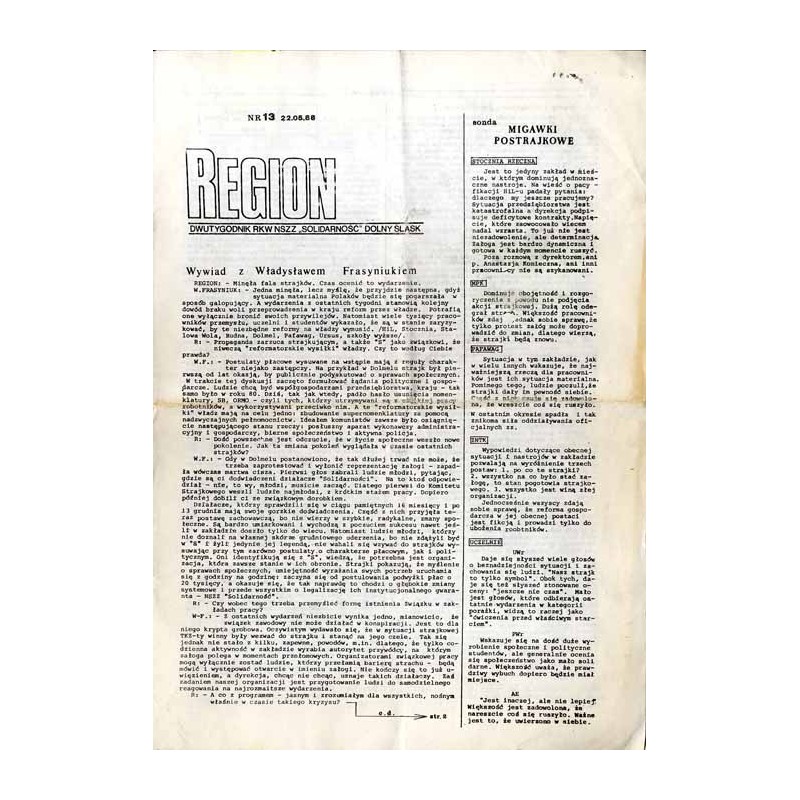 Region. Dwutygodnik RKW NSZZ "Solidarność" Dolny Śląsk. (1988). Nr 13 (22.05.1988)