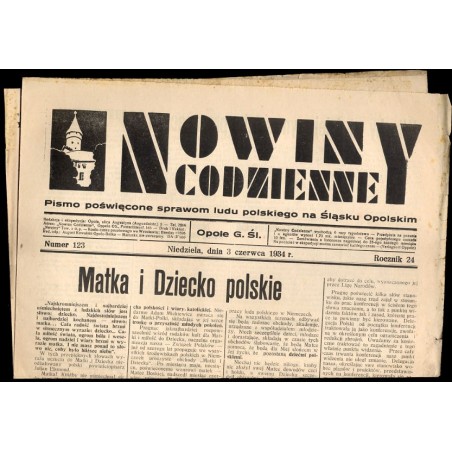 Nowiny Codzienne. Pismo poświęcone sprawom ludu polskiego na Śląsku Opolskim. R.24 (1934). Nr 123 (3 czerwca 1934)