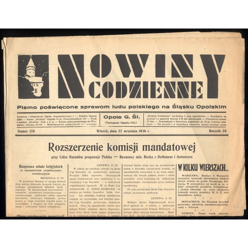 Nowiny Codzienne. Pismo poświęcone sprawom ludu polskiego na Śląsku Opolskim. R.26 (1936). Nr 218 (22 września 1936)