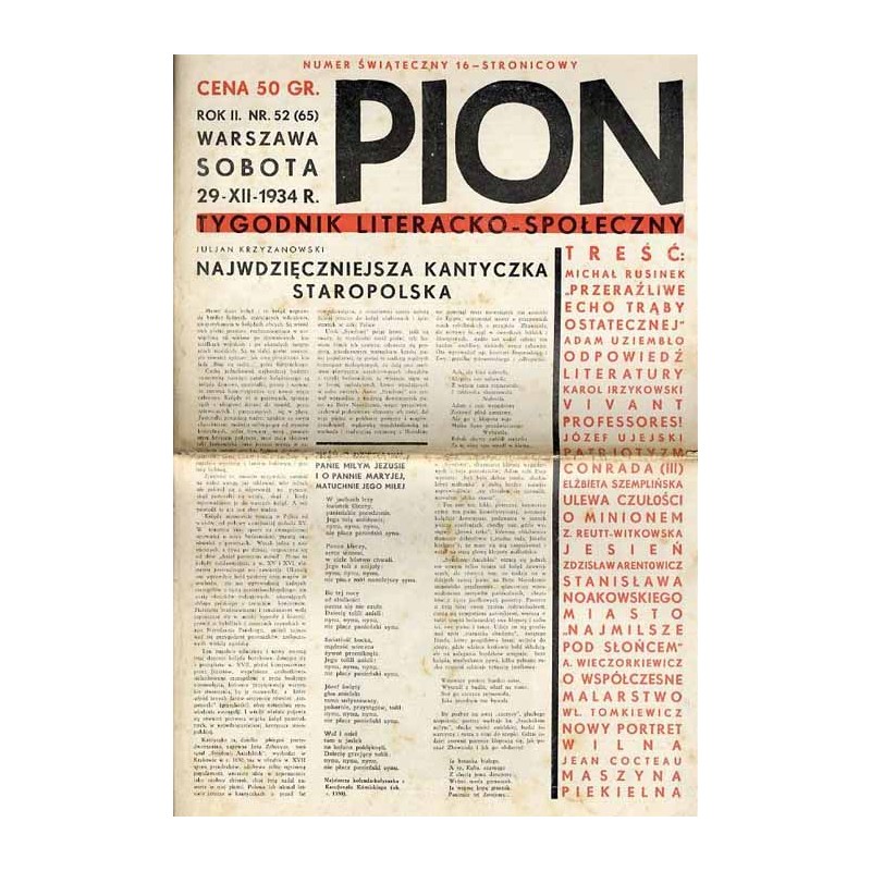 Pion. Tygodnik literacko-społeczny. R.2 (1934). Nr 52 (65) (29 grudnia 1934)