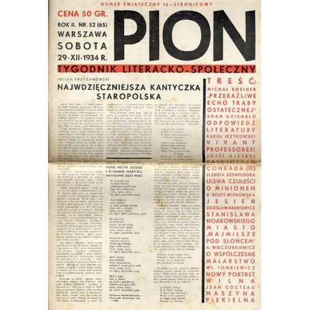 Pion. Tygodnik literacko-społeczny. R.2 (1934). Nr 52 (65) (29 grudnia 1934)