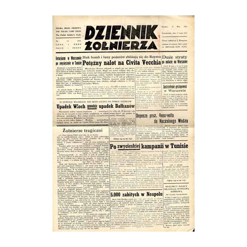 Dziennik Żołnierza. Polska prasa obozowa. Pismo żołnierzy 1. Korpusu Pancerno Mot. R.4 (1943). Nr 114 (849) (17 maja 1943)