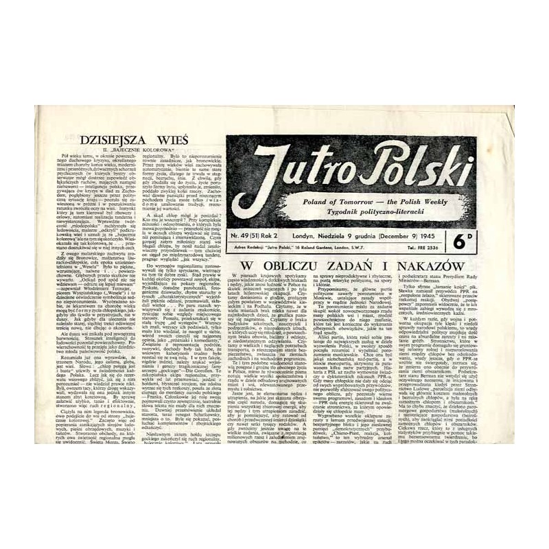Jutro Polski. Tygodnik polityczno-literacki  Poland of Tomorrow. The Polish Weekly. R.2 (1945). Nr 49 (51) (9 grudnia 1945)
