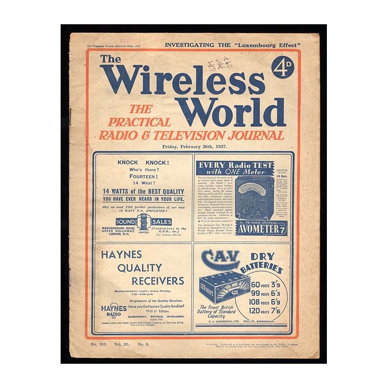The Wireless World. The Practical Radio & Television Journal. Yearbook 40 (1937). No. 9 (913) (26 II 1937)
