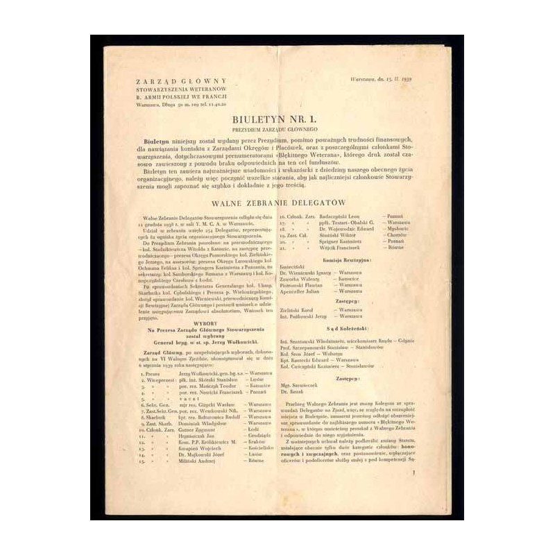 Biuletyn Zarządu Głównego. Zarząd Główny Stowarzyszenia Weteranów b. Armii Polskiej we Francji. [1939]. Biuletyn nr 1 (15.02.193