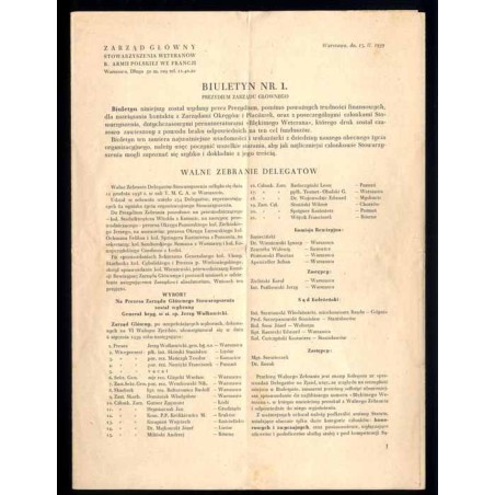 Biuletyn Zarządu Głównego. Zarząd Główny Stowarzyszenia Weteranów b. Armii Polskiej we Francji. [1939]. Biuletyn nr 1 (15.02.193
