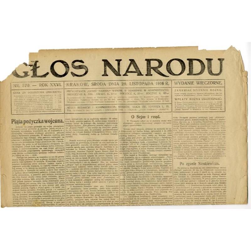 Głos Narodu. R.26 (1916). Nr 570 (29 listopada 1916). Wydanie wieczorne