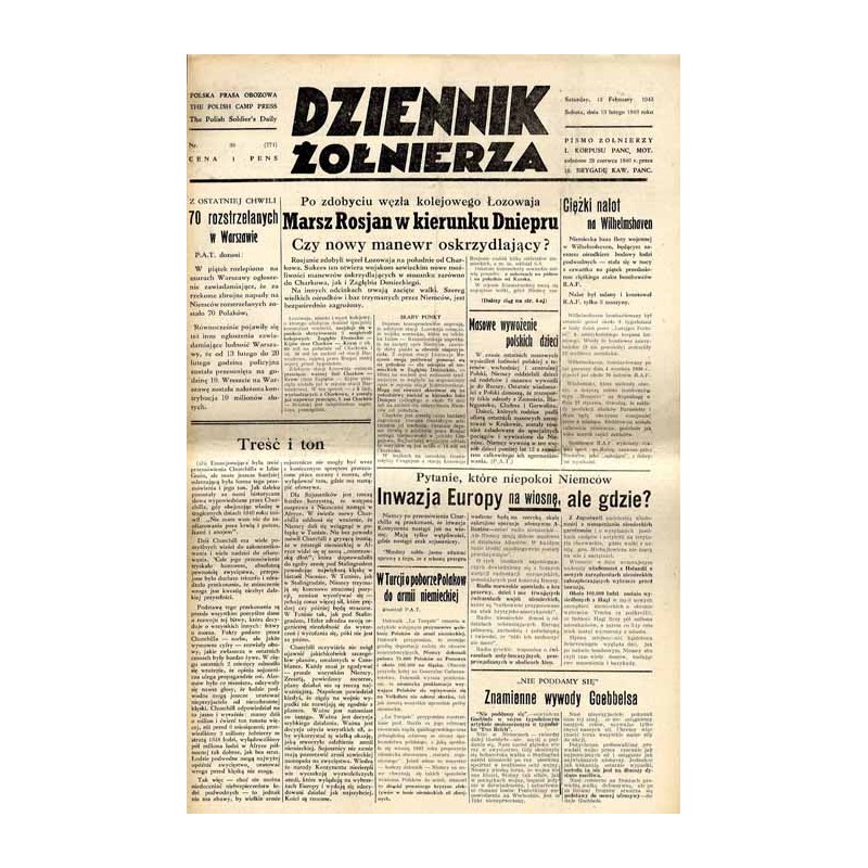 Dziennik Żołnierza. Polska prasa obozowa. Pismo żołnierzy 1. Korpusu Pancerno Mot. R.4 (1943). Nr 36 (771) (13 lutego 1943)