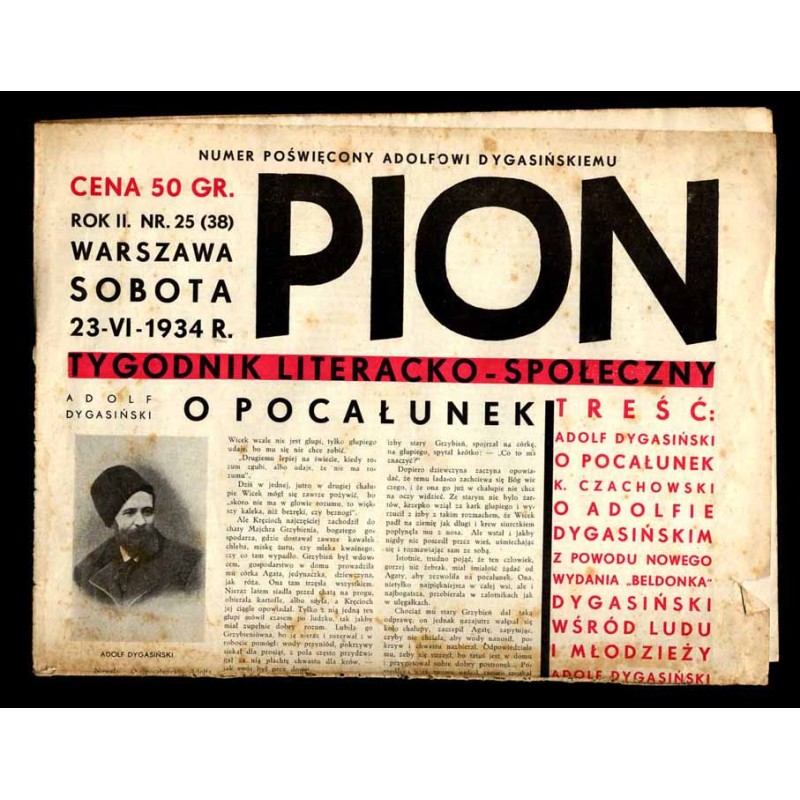 Pion. Tygodnik literacko-społeczny. R.2 (1934). Nr 25 (38) (23 czerwca 1934). Numer poświęcony Adolfowi Dygasińskiemu