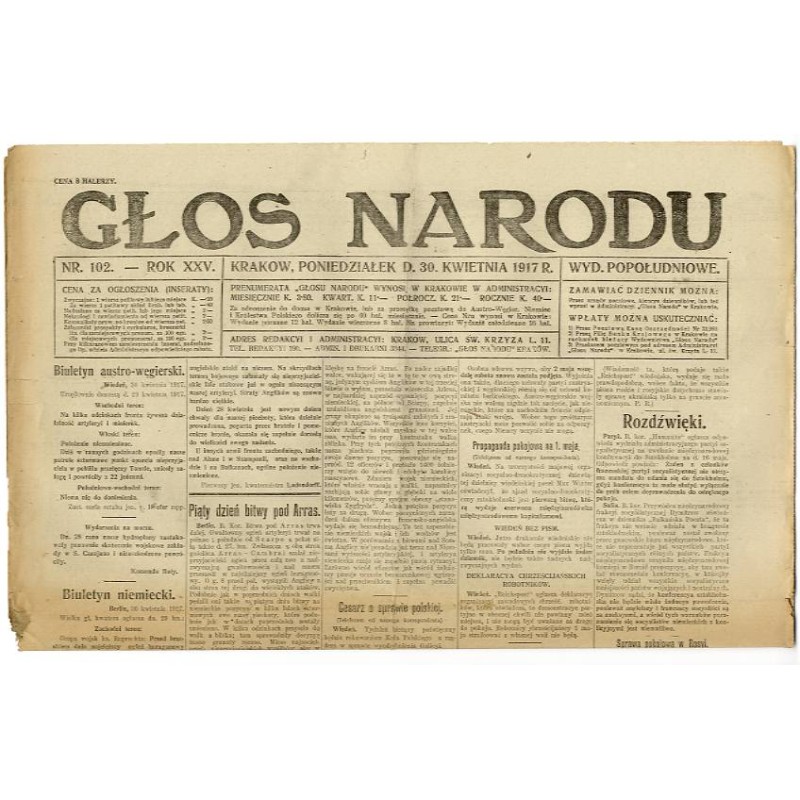 Głos Narodu. R.25 (1917). Nr 102 (30 kwietnia 1917). Wydanie popołudniowe