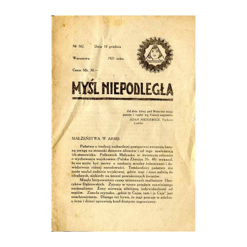 Myśl Niepodległa. R. 1921. Nr 582 (10 grudnia 1921)