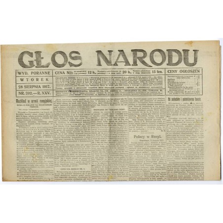 Głos Narodu. R.25 (1917). Nr 202 (28 sierpnia 1917). Wydanie poranne
