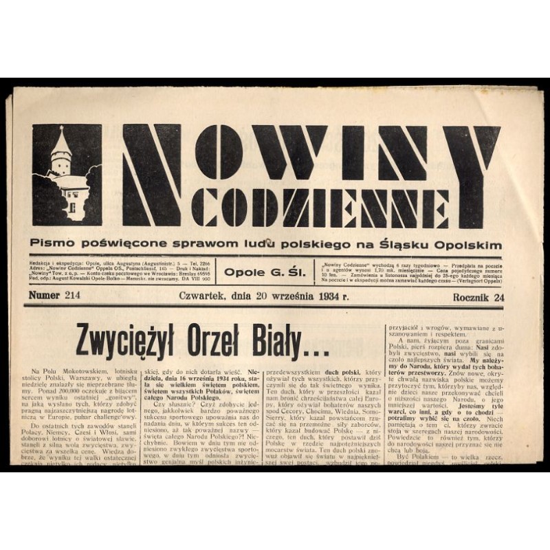 Nowiny Codzienne. Pismo poświęcone sprawom ludu polskiego na Śląsku Opolskim. R.24 (1934). Nr 214 (20 września 1934)