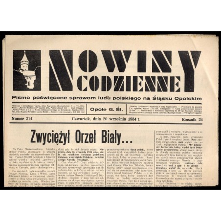 Nowiny Codzienne. Pismo poświęcone sprawom ludu polskiego na Śląsku Opolskim. R.24 (1934). Nr 214 (20 września 1934)
