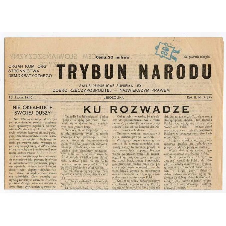 Trybun Narodu. Organ Kom. Org. Stronnictwa Demokratycznego. R.2 (1946). Nr 7 (27) (15. Lipca 1946)