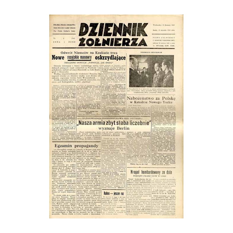 Dziennik Żołnierza. Polska prasa obozowa. Pismo żołnierzy 1. Korpusu Pancerno Mot. R.4 (1943). Nr 9 (744) (13 stycznia 1943)