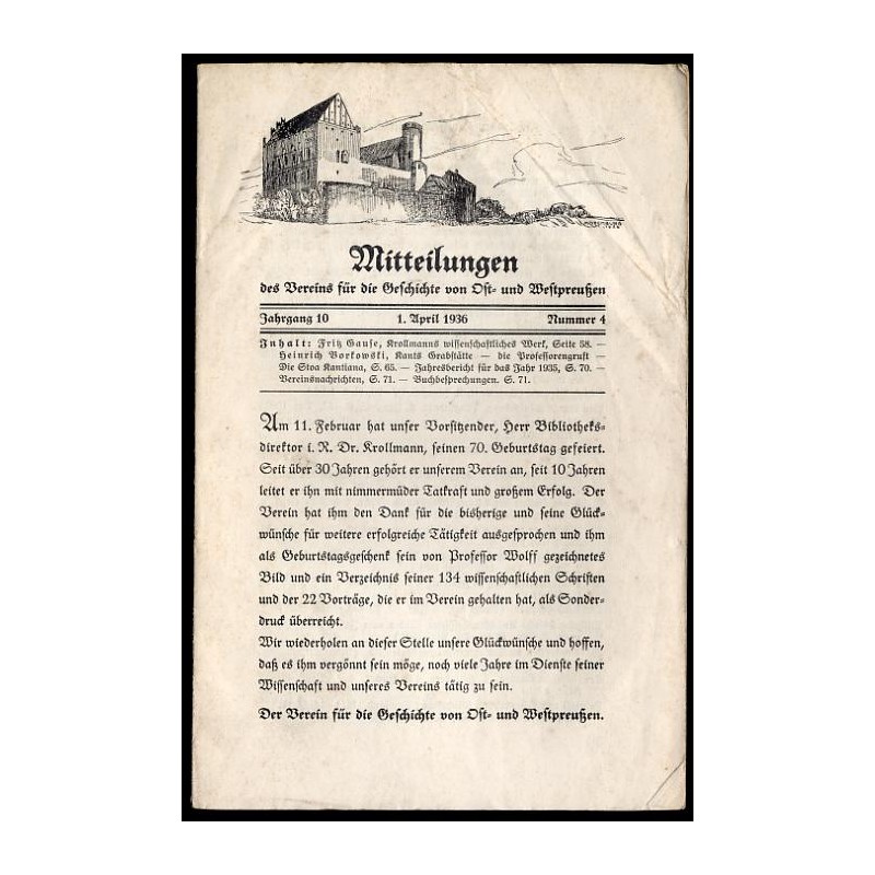 Mitteilungen des Vereins für die Geschichte von Ost- und Westpreußen. 10. Jahrgang (1936). Nr 4 (1 IV 1936)