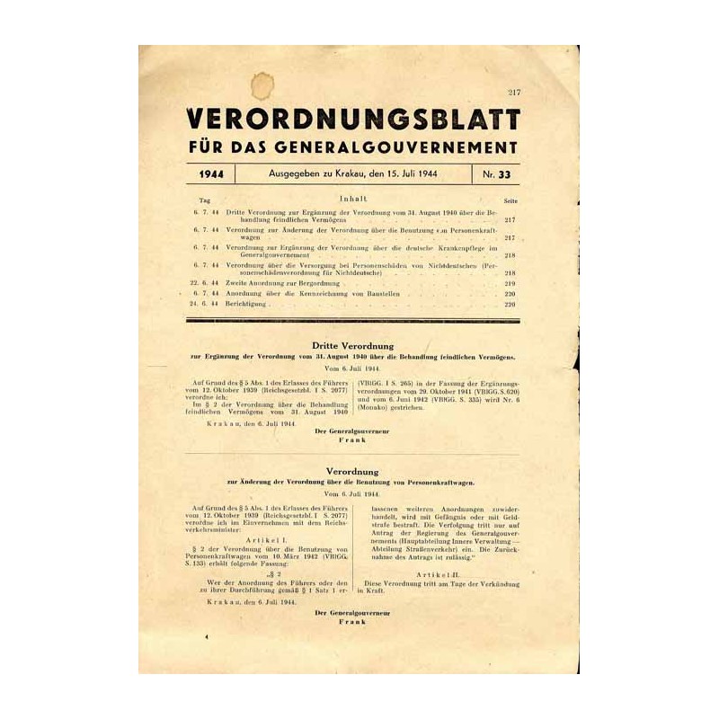 Verordnungsblatt für Generalgouvernement. 1944. Nr 33 (15. Juli 1944)