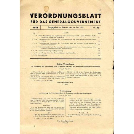 Verordnungsblatt für Generalgouvernement. 1944. Nr 33 (15. Juli 1944)