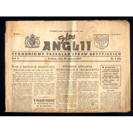Głos Anglii. Tygodniowy przegląd spraw brytyjskich. R.2 (1947). Nr 4 (25 stycznia 1947)