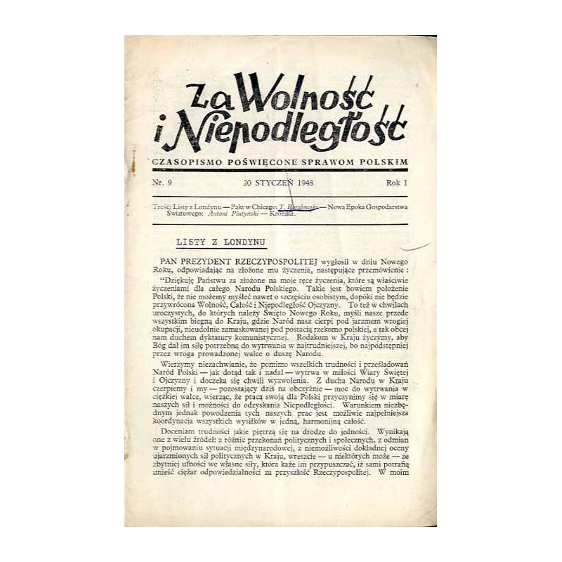 Za Wolność i Niepodległość. Czasopismo poświęcone sprawom polskim. R.1 (1948). Nr 9 (20 Styczeń 1948)