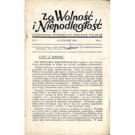 Za Wolność i Niepodległość. Czasopismo poświęcone sprawom polskim. R.1 (1948). Nr 9 (20 Styczeń 1948)