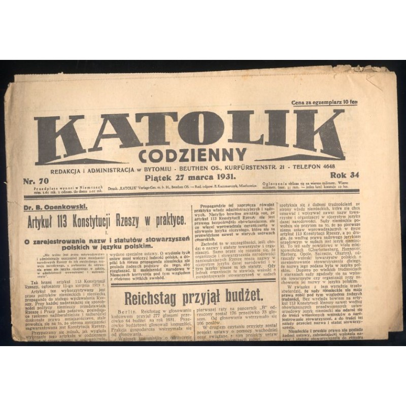 Katolik Codzienny. R.34 (1931). Nr 70 (27 III 1931)