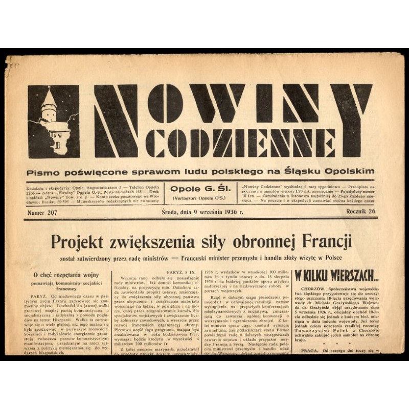 Nowiny Codzienne. Pismo poświęcone sprawom ludu polskiego na Śląsku Opolskim. R.26 (1936). Nr 207 (9 września 1936)