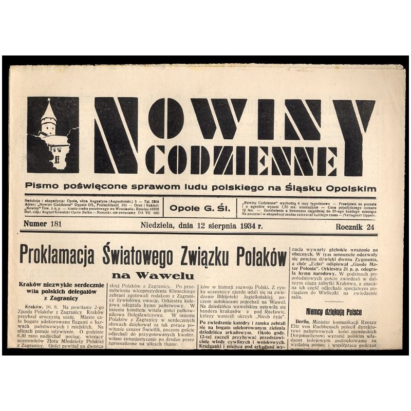 Nowiny Codzienne. Pismo poświęcone sprawom ludu polskiego na Śląsku Opolskim. R.24 (1934). Nr 181 (12 sierpnia 1934)