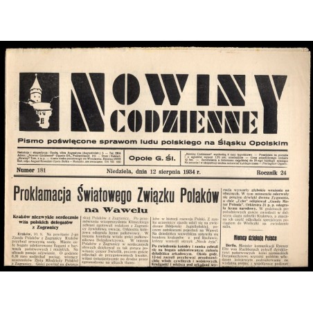 Nowiny Codzienne. Pismo poświęcone sprawom ludu polskiego na Śląsku Opolskim. R.24 (1934). Nr 181 (12 sierpnia 1934)