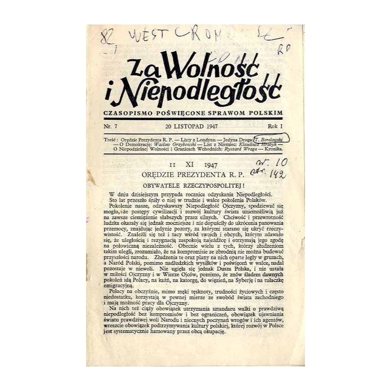 Za Wolność i Niepodległość. Czasopismo poświęcone sprawom polskim. R.1 (1947). Nr 7 (20 Listopad 1947)