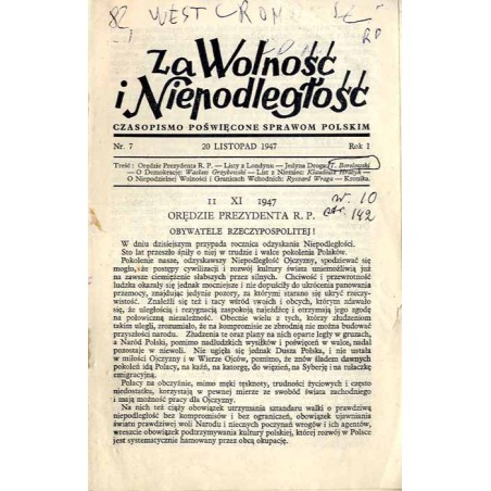 Za Wolność i Niepodległość. Czasopismo poświęcone sprawom polskim. R.1 (1947). Nr 7 (20 Listopad 1947)