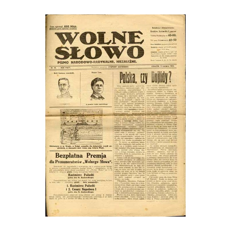 Wolne Słowo. Pismo narodowo-radykalne, niezależne. R.5 (1923). Nr 18 (5 czerwca 1923)