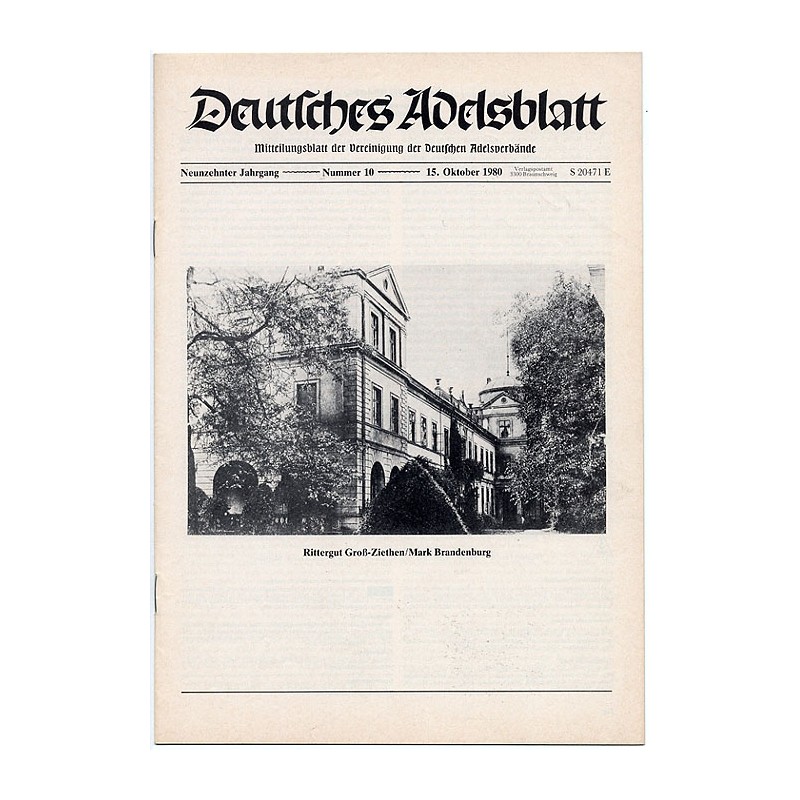Deutsches Adelsblatt. 19. Jahrgang (1980). Nr 10 (15 X 1980) [Rittergut Groß-Ziethen / Mark Brandenburg]