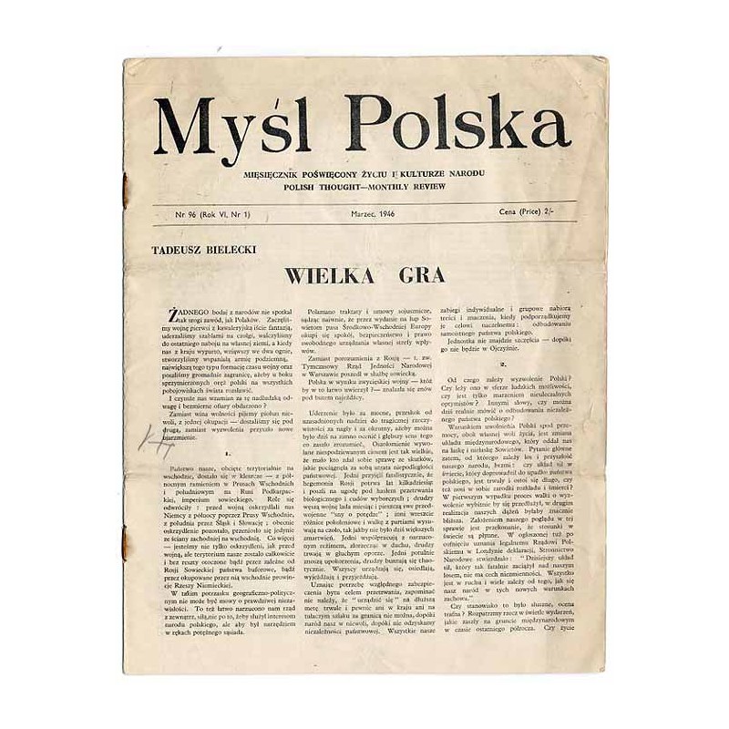 Myśl Polska. Dwutygodnik poświęcony życiu i kulturze narodu  Polish Thought. Fortnightly review. R.6 (1946). Nr 1 (96) (Marzec