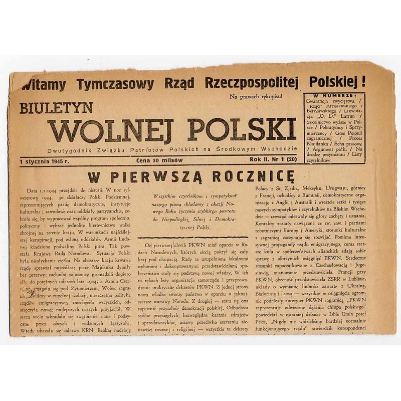 Biuletyn Wolnej Polski. R.2 (1945). Nr 1 (20) (1 I 1945)