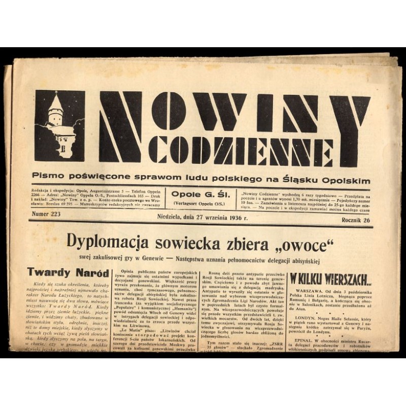 Nowiny Codzienne. Pismo poświęcone sprawom ludu polskiego na Śląsku Opolskim. R.26 (1936). Nr 223 (27 września 1936)