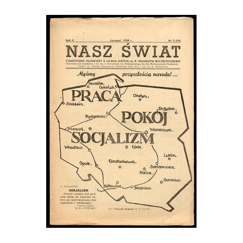 Nasz Świat. Czasopismo młodzieży II Liceum Ogóln. im. R. Traugutta w Częstochowie. R.3 (1958). Nr 2 (14) (Listopad 1958)