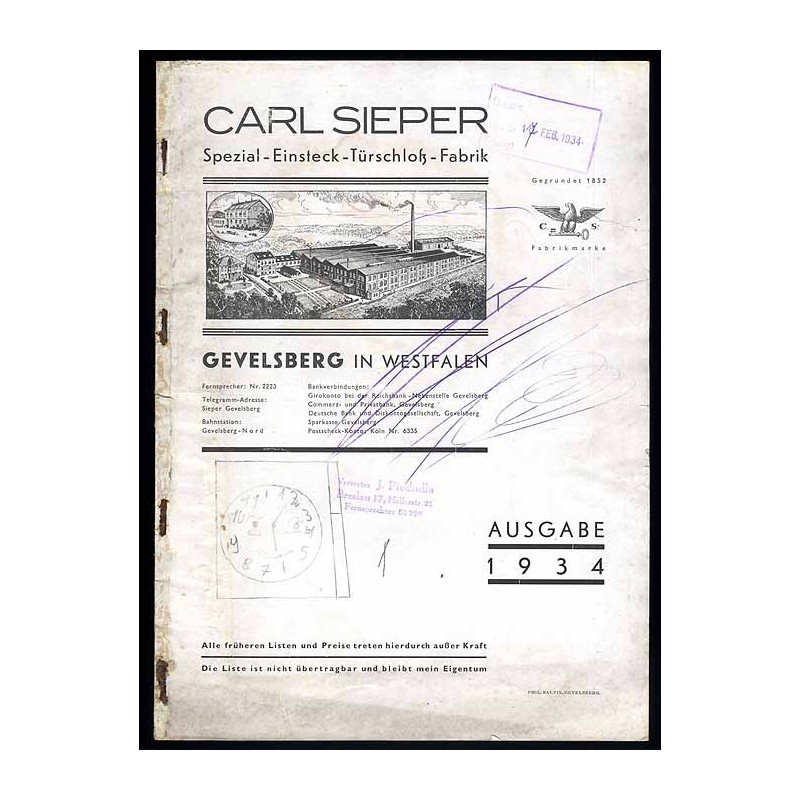 Carl Sieper Spezial-Einsteck-Türschloß-Fabrik. Gevelsberg in Westfalen. Ausgabe 1934