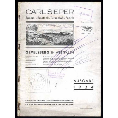Carl Sieper Spezial-Einsteck-Türschloß-Fabrik. Gevelsberg in Westfalen. Ausgabe 1934