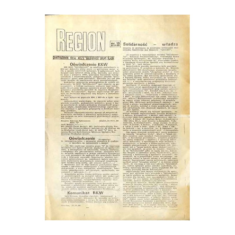 Region. Dwutygodnik RKW NSZZ "Solidarność" Dolny Śląsk. (1988). Nr 19 (25.09.1988)