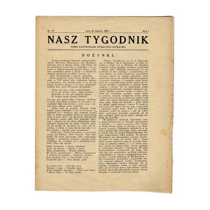 Nasz Tygodnik. Pismo ilustrowane społeczno-literackie. R.1 (1924). Nr 13 (30 sierpnia 1924)