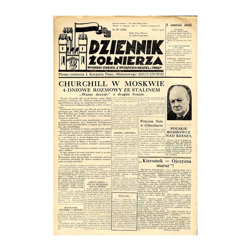 Dziennik Żołnierza. [...] Pismo żołnierzy I. Korpusu Panc.-Motorowego. R.3 (1942). Nr 89 (622) (18 sierpnia 1942) / Churchill w